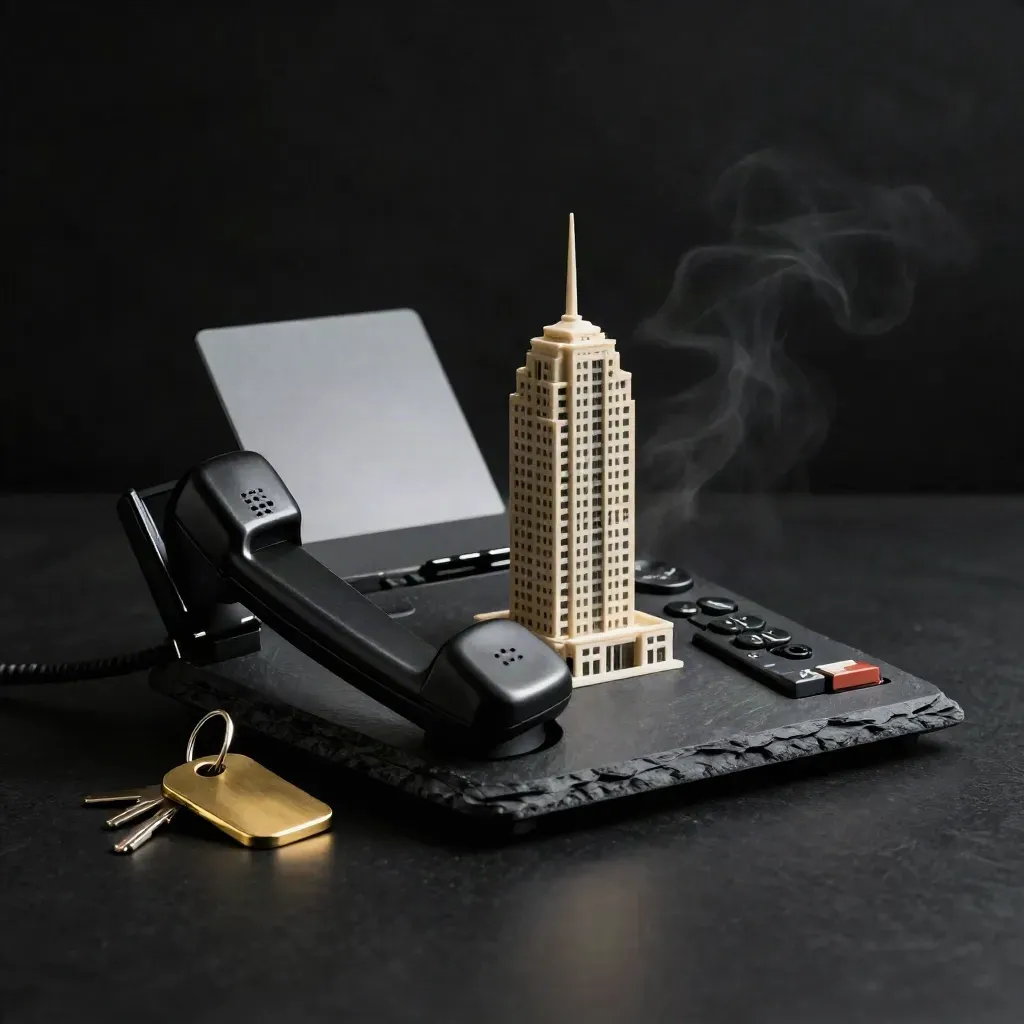 Slate condo buyer call kit with handset, brass key tag, and miniature tower block in dramatic studio light