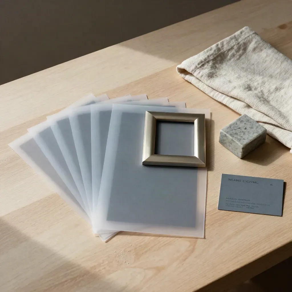Overhead flatlay of listing photo sleeves, mini frame, linen cloth, and stone block on pale oak.