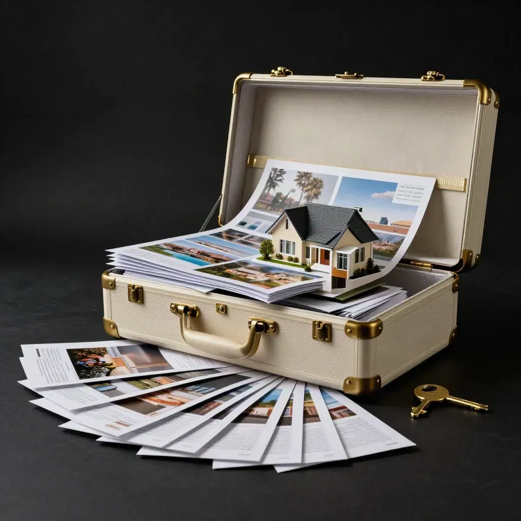 Ivory listing case bursting with prints, brass key token, and mini house model on black.