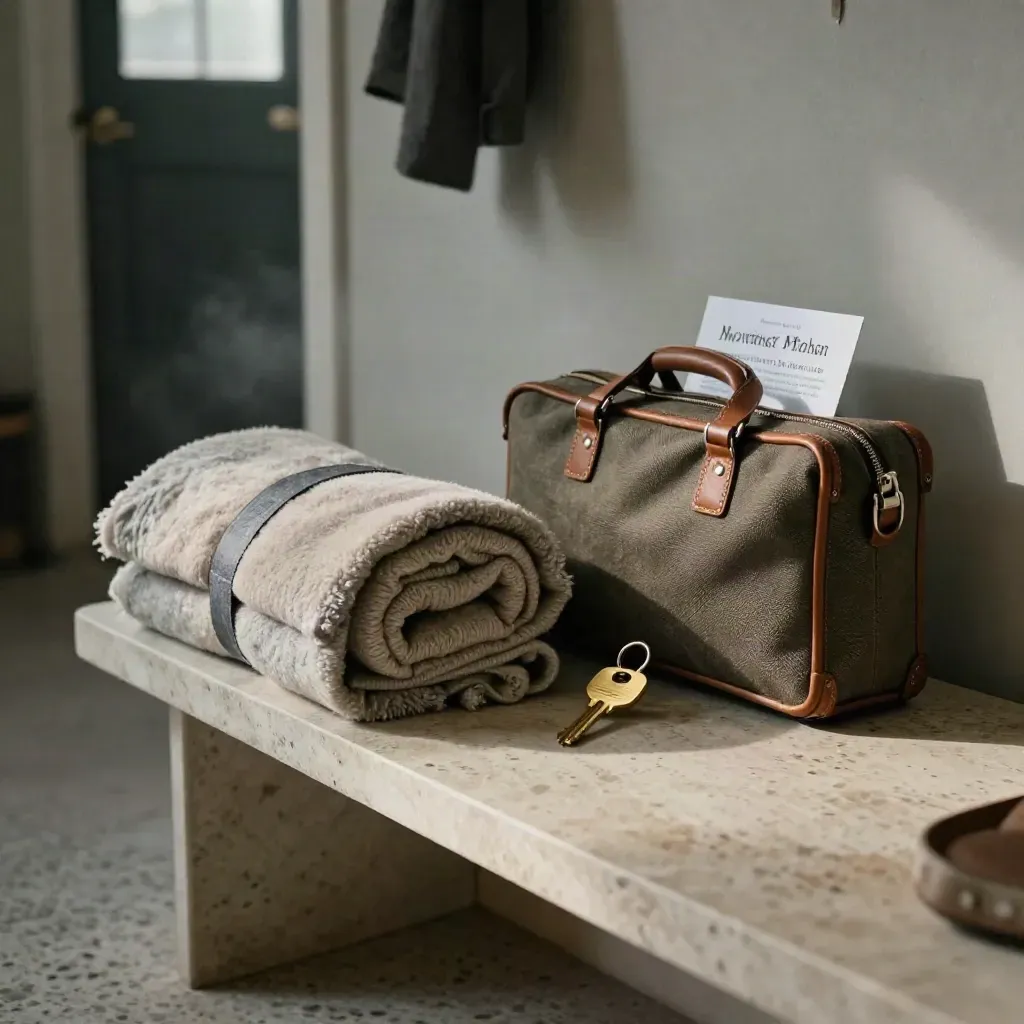 Move kit with wool blanket, key and travel case on a limestone bench