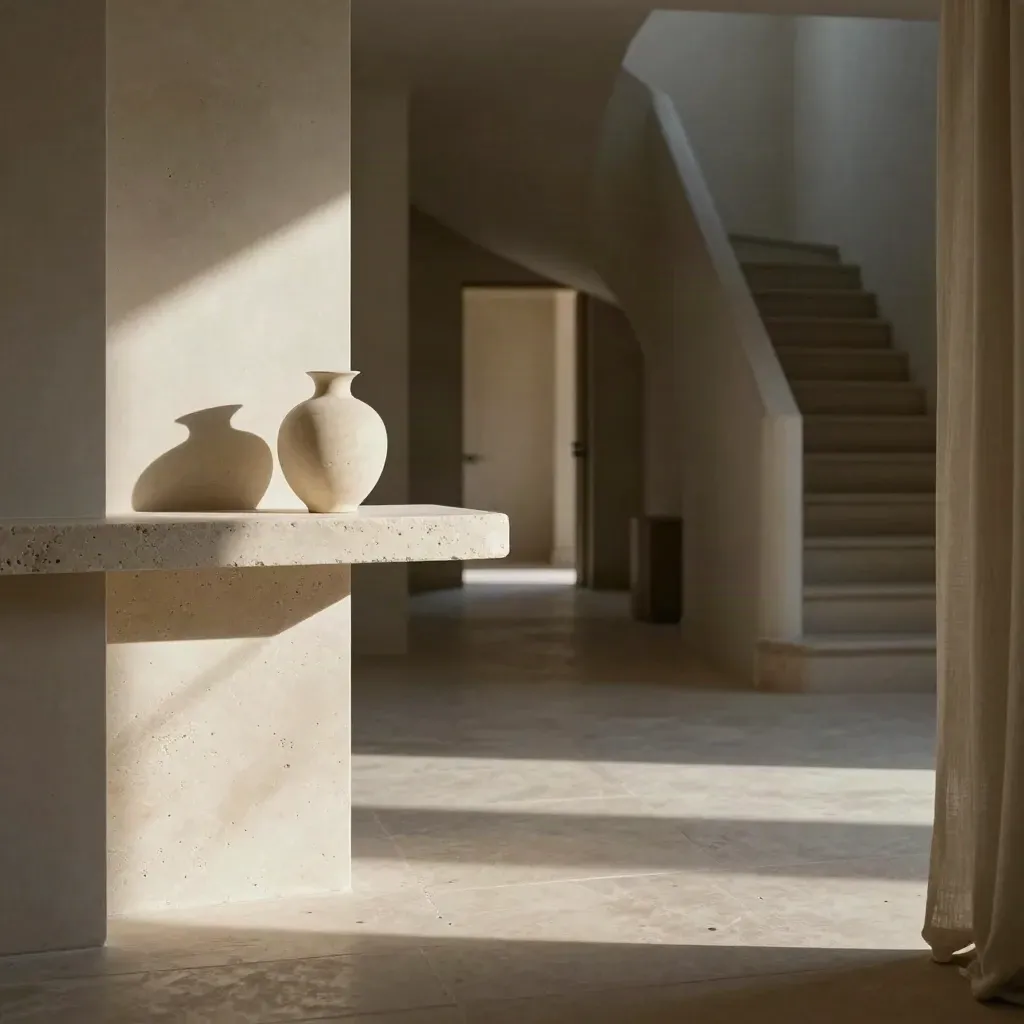 Sunlit limestone foyer with staircase blur, console vase and calm copy space.