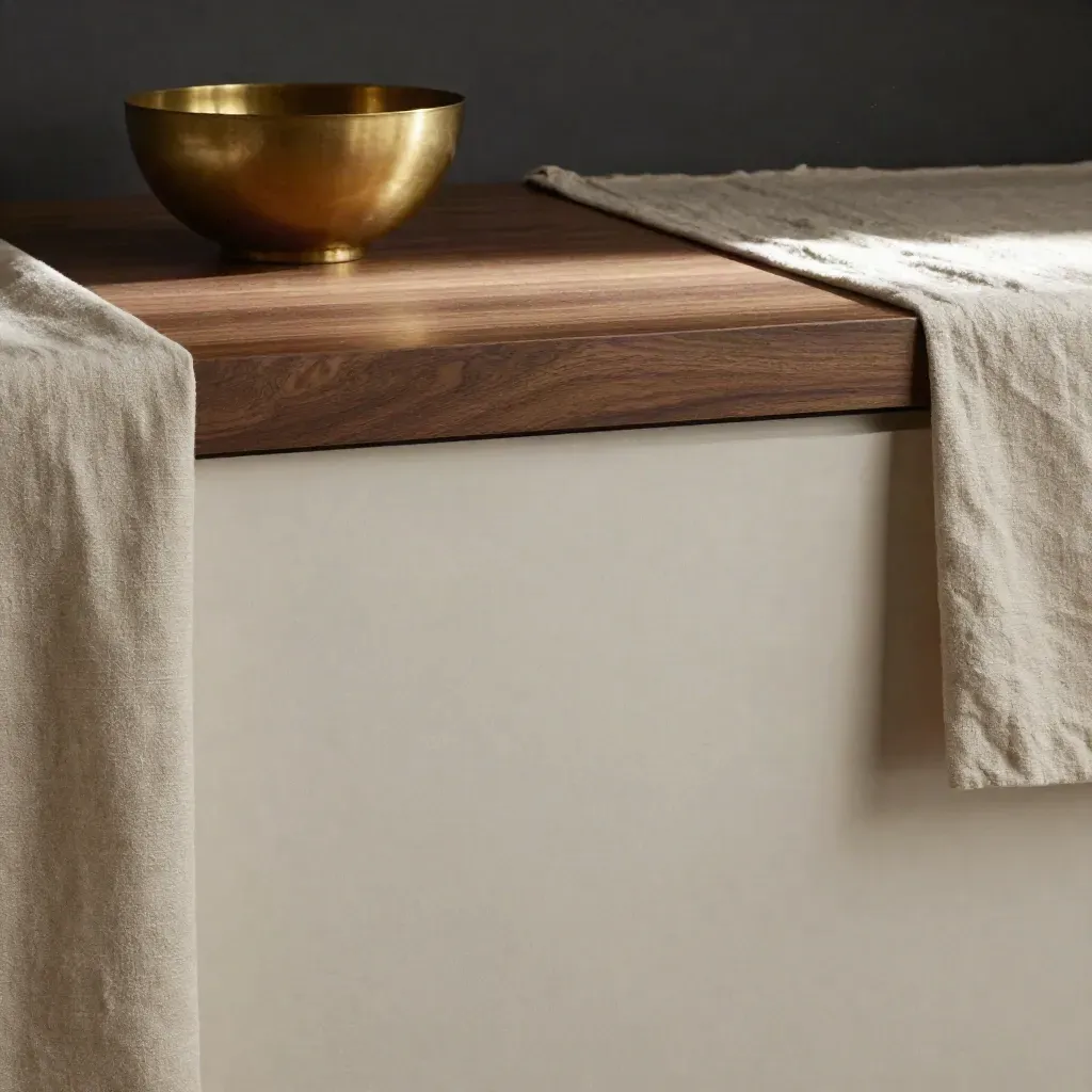 Walnut surface beside plaster and curtain with a brass bowl, sunlit and calm for headline copy.